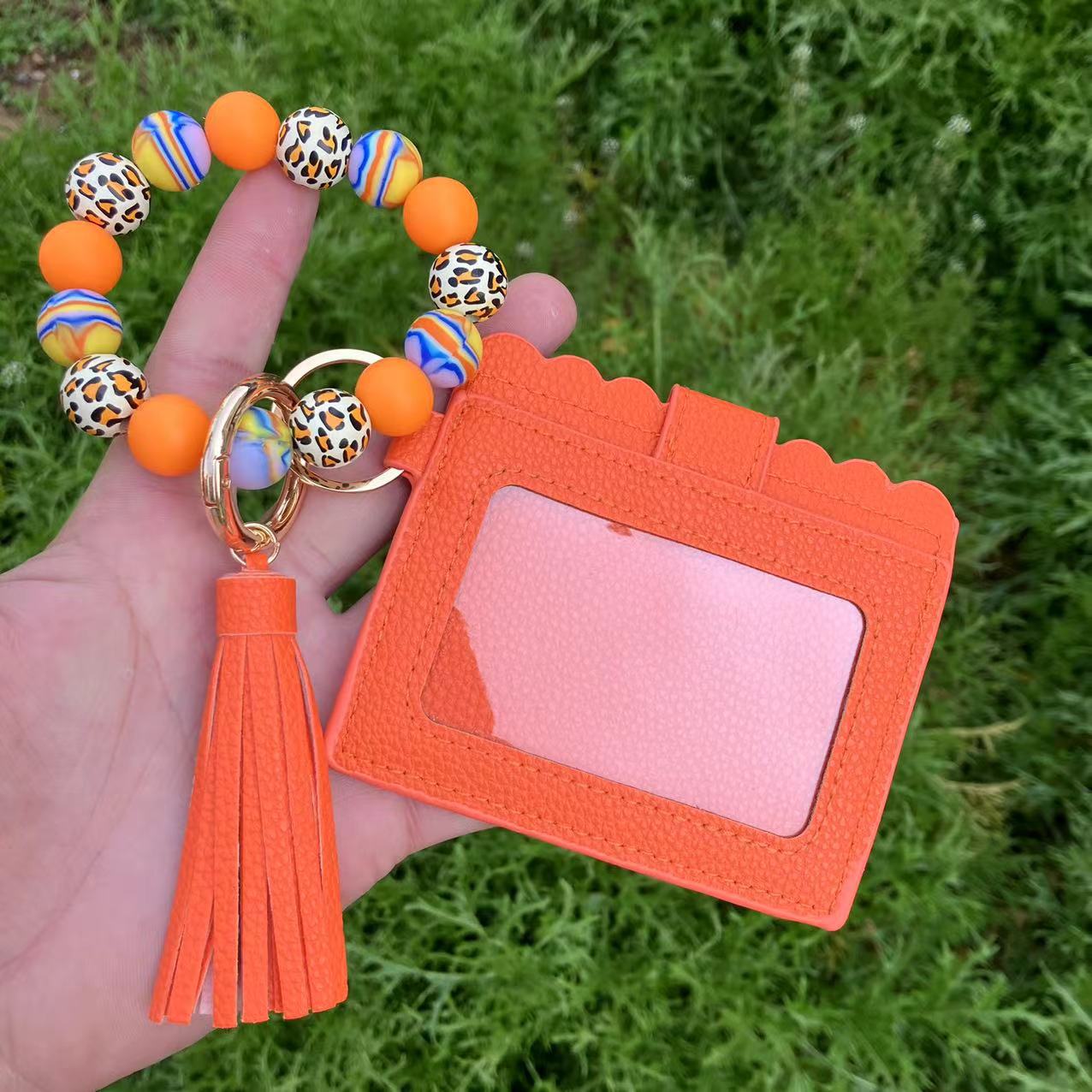 Wholesale Colorful Cow Print Leopard Print Silicone Beaded Card Holder Wristlet Keychain ACC-KC-QiuXue017