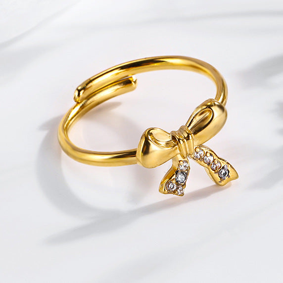 Wholesale 2PCS Steel-titanium bow zircon ring adjustable