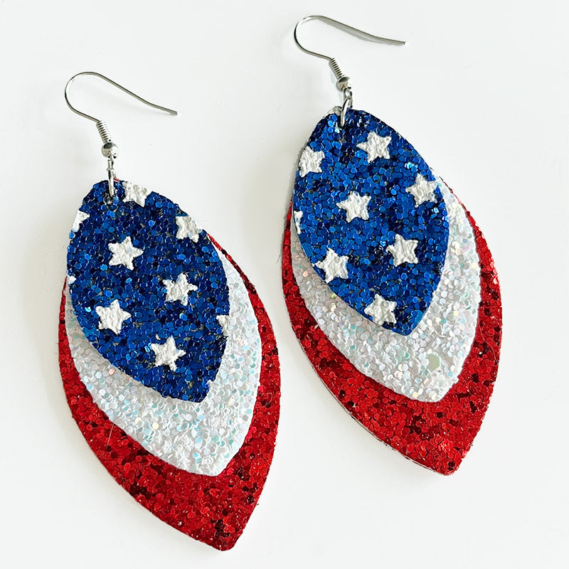 Wholesale 2 Pairs/pack American Independence Day Feather Shiny Leather Metal Mesh Leather Earrings ACC-ES-HY035