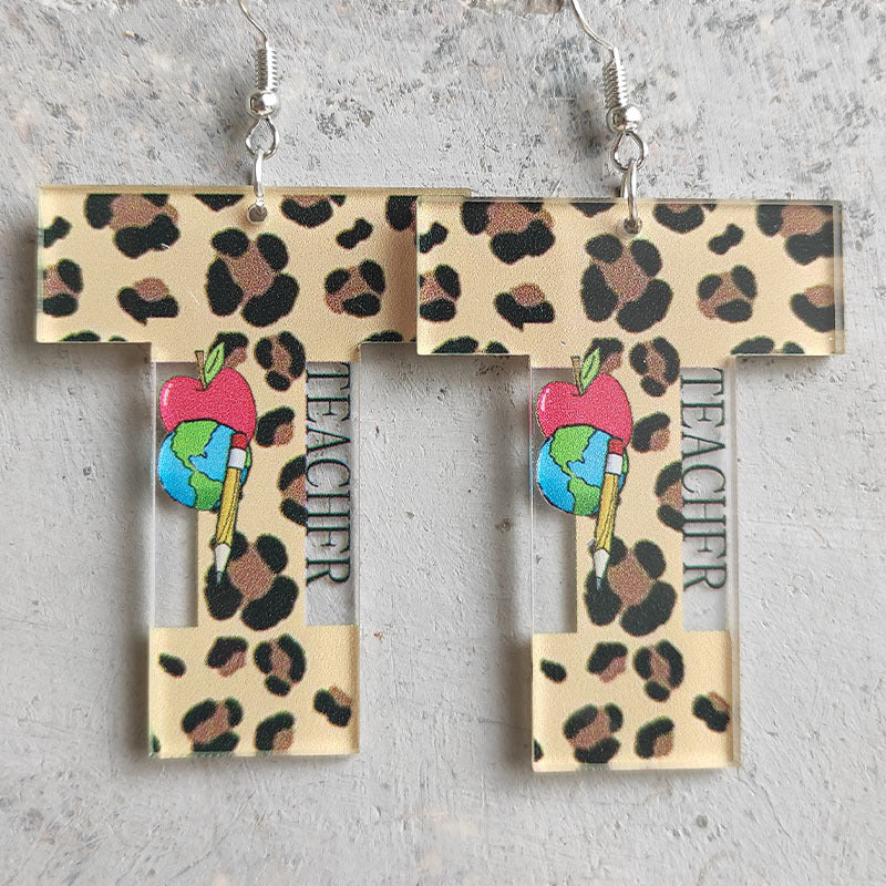 Wholesale 2 Pairs/pack Leopard Print Ruler Apple Acrylic Earrings Teacher's Day ACC-ES-HY016