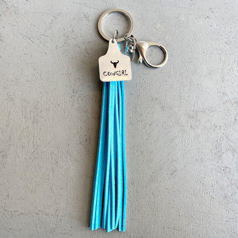 Wholesale 2PCS Cross-border western metal Cow brand leather tassel key ring cow head horseshoe cactus marking key chain pendant