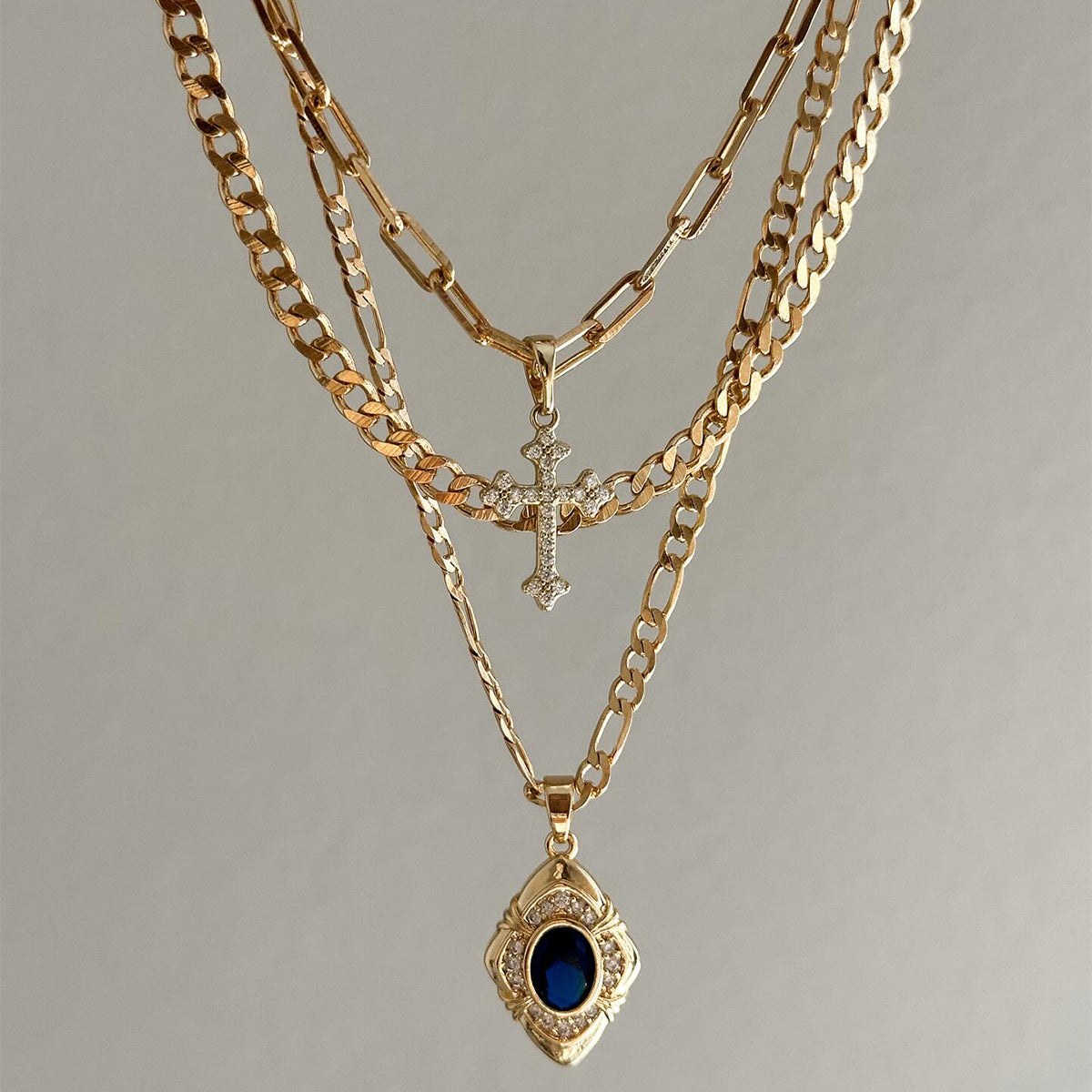 Wholesale Blue Square Gem Cross Pendant Necklace Multi-Layer Alloy Choker Fashion Jewelry Accessory