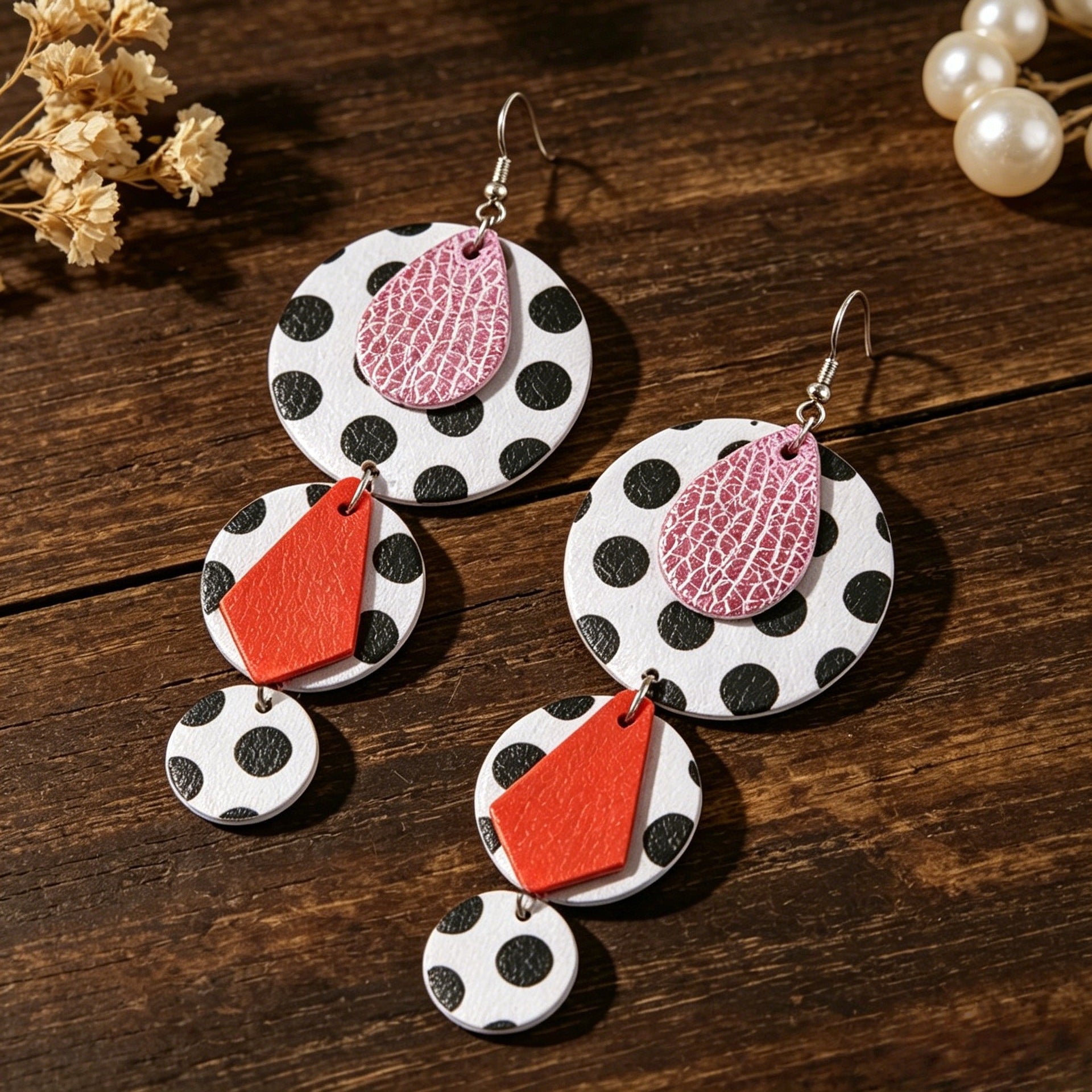 Wholesale Leather Patchwork Earrings - Vintage Pink and Red Polka Dot Disc Design,  Fashion Accessory for Women