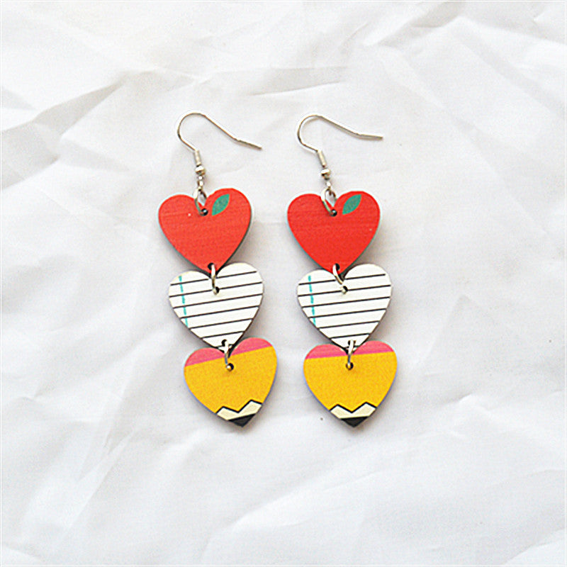 Wholesale  Teacher' s Day Earrings Creative Love Letter Books Wooden Long Teacher Gifts Sweet Earrings for Women