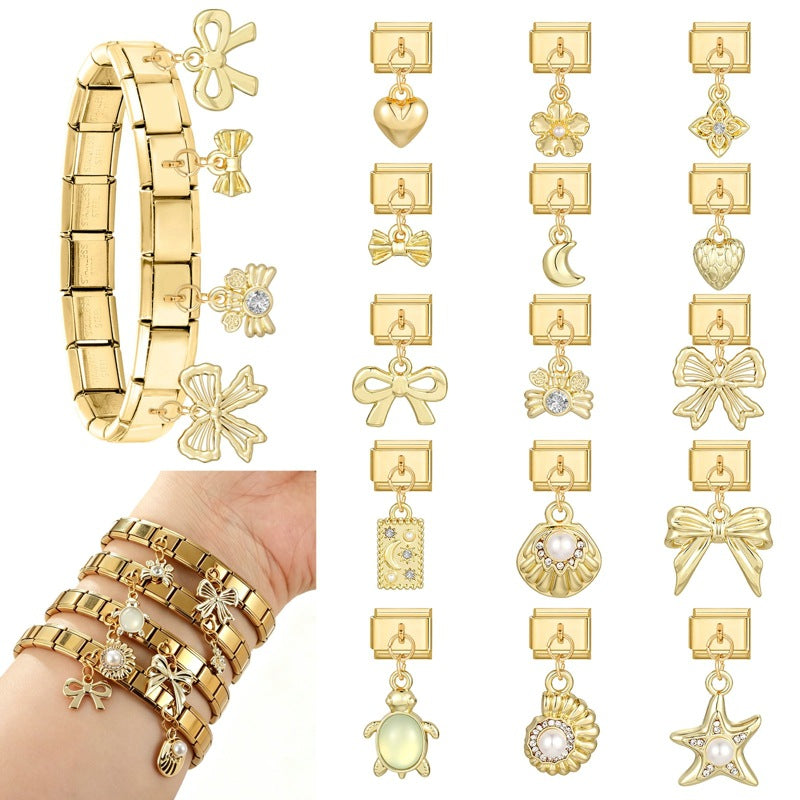 Wholesale Gold Electroplated Stainless Steel DIY Bracelet Pendant Set with Bowknot Heart Starfish Pearl Jewelry Accessory