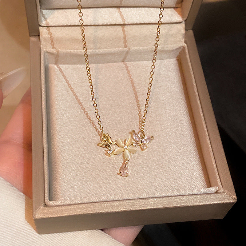 Wholesale Titanium Steel Collarbone Necklace with Zircon and Pearl Pendant
