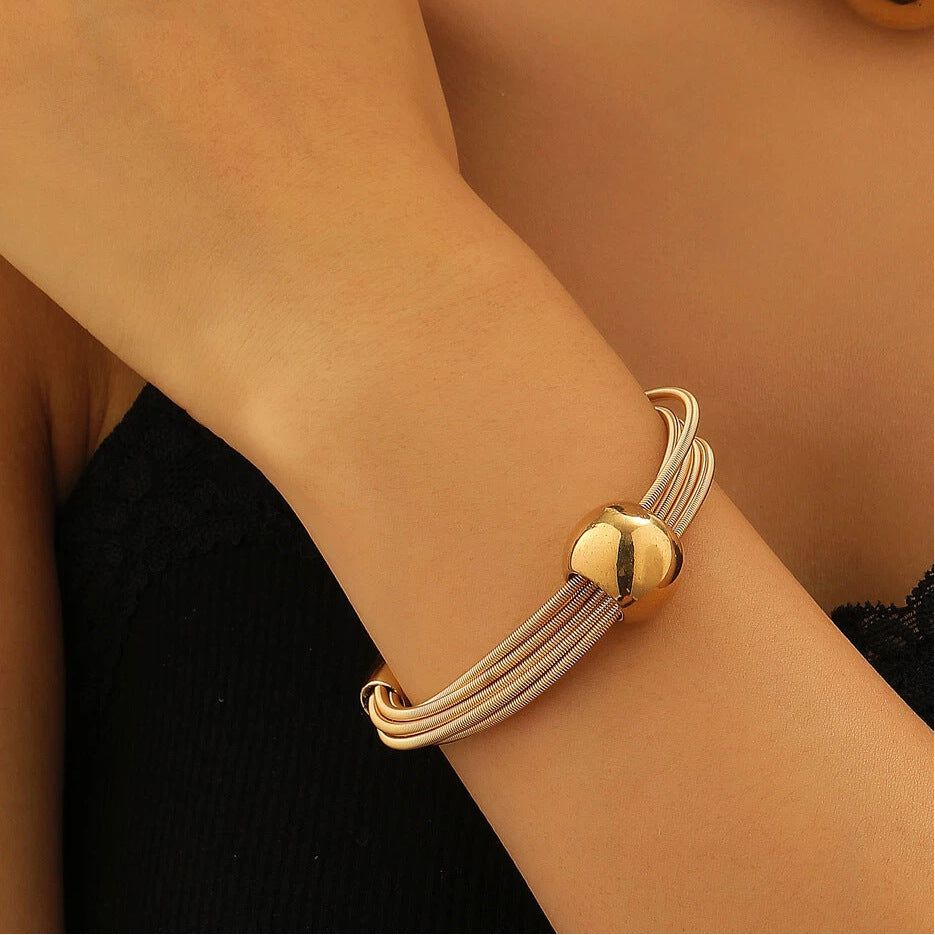Wholesale Gold Tone Punk Style Multi Layer Chain Necklace And Bracelet Set Geometric Ball Pendant Fashion Jewelry For Gift