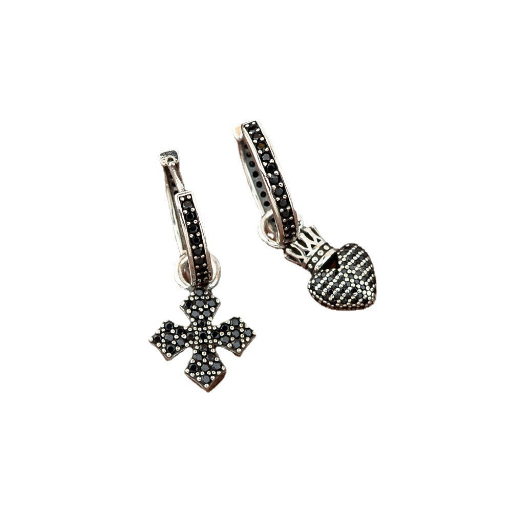 Wholesale Vintage Black Zircon Cross Crown Love Asymmetrical Earrings
