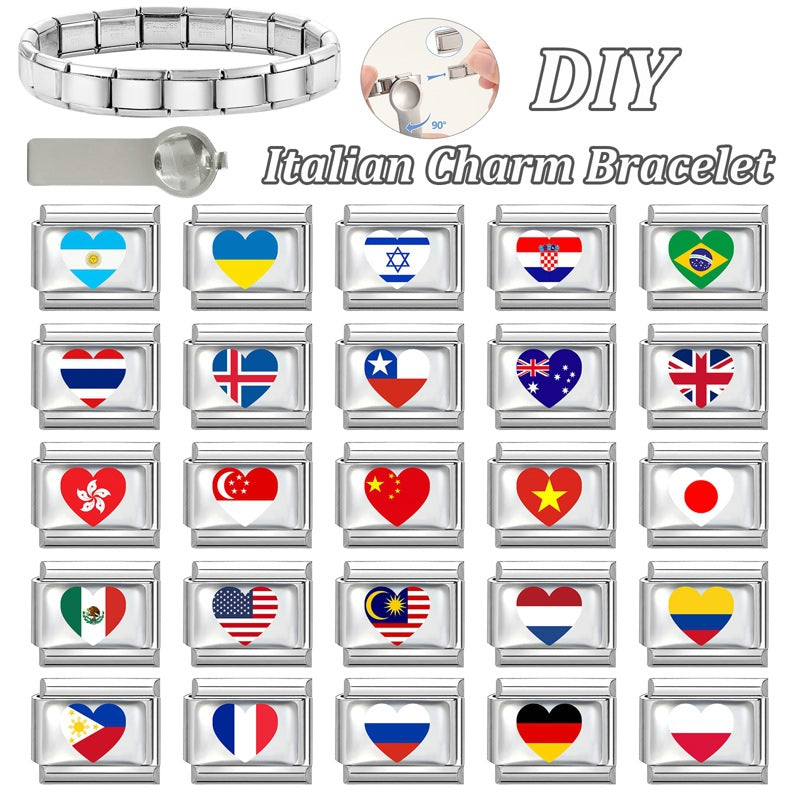 Wholesale Electroplated Stainless Steel Heart Italian Flag Charm DIY Bracelet Jewelry Accessory Boutique Resale