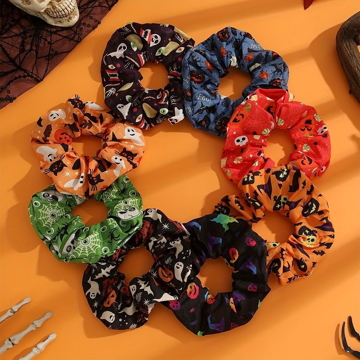 Wholesale Halloween Skull Bat Pumpkin Print Hair Scrunchies ACC-HS-Mulin004