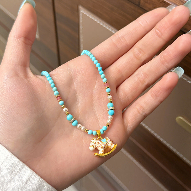 Wholesale Summer Cute Color Dopamine Oil Enamel Trojan Horse Pearl Necklace