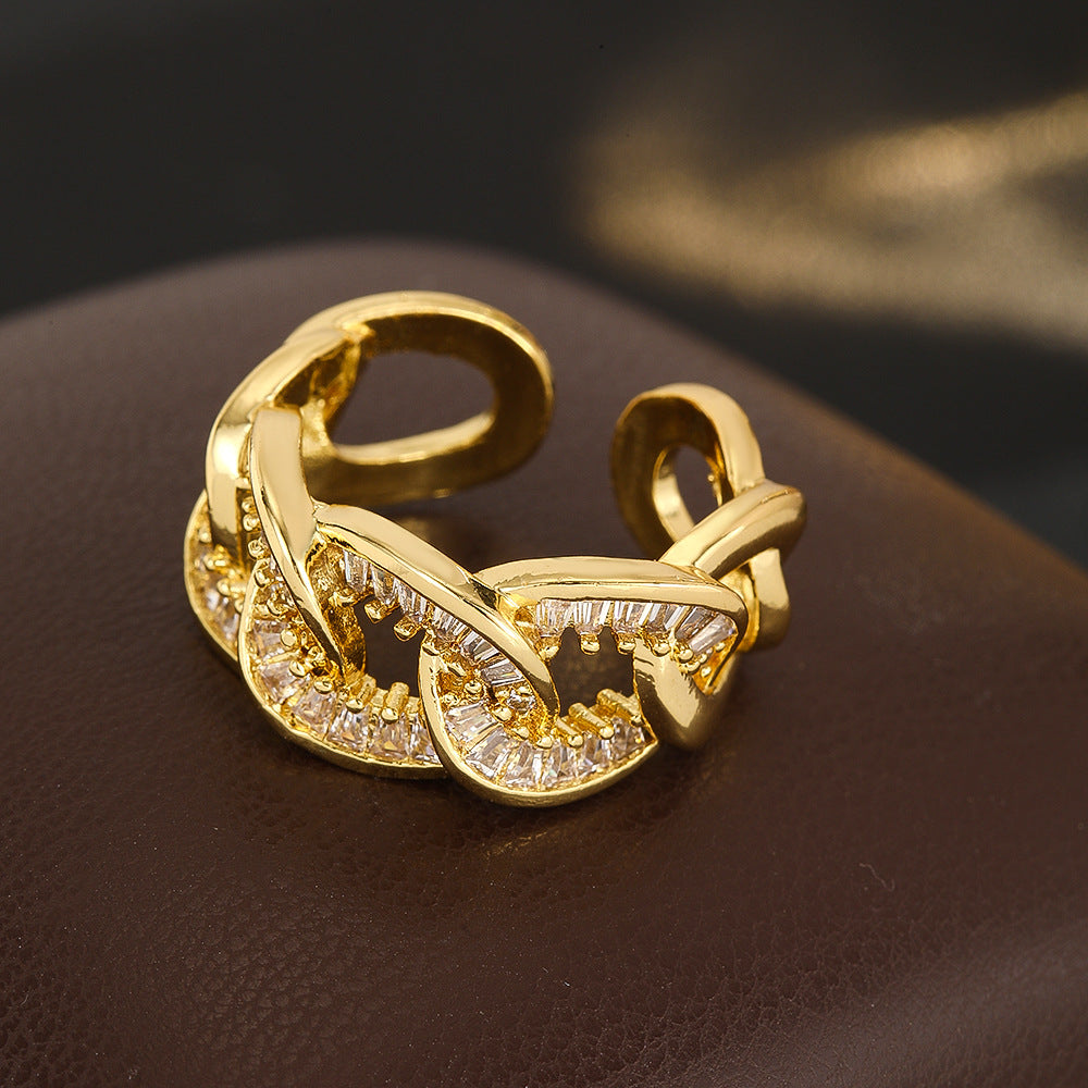 Wholesale Bow Design Hollow Zircon Open Ring Gold Plated Copper Jewelry Stylish Everyday Accessory