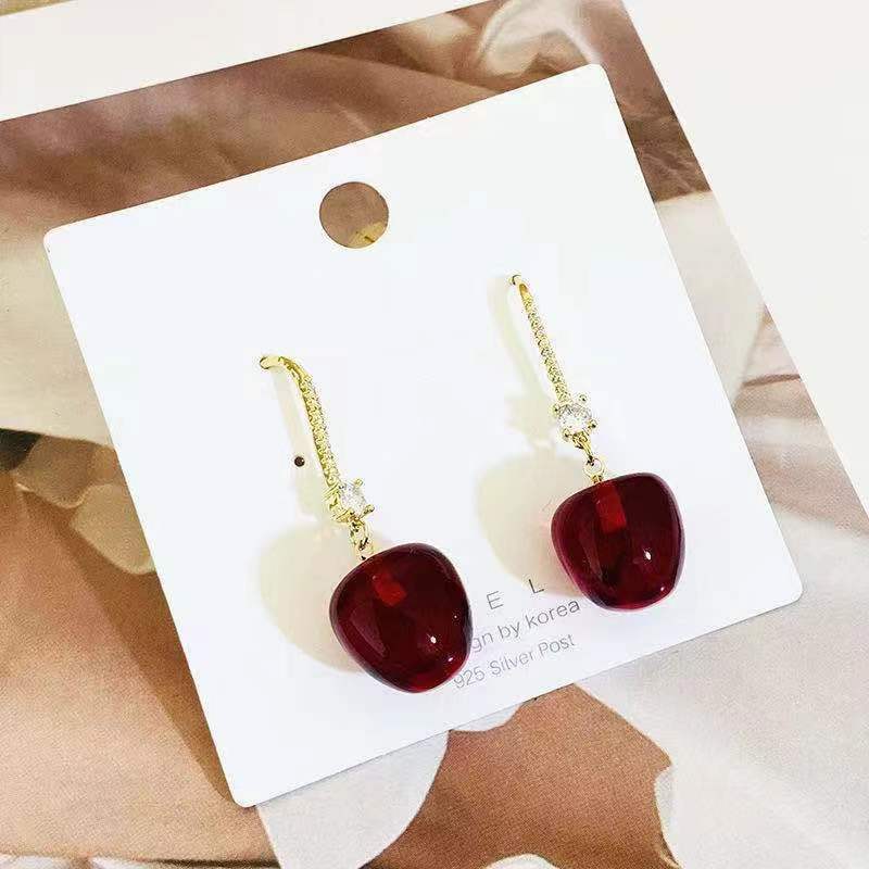Wholesale Red Cherry Silver Needle Cherry Earrings