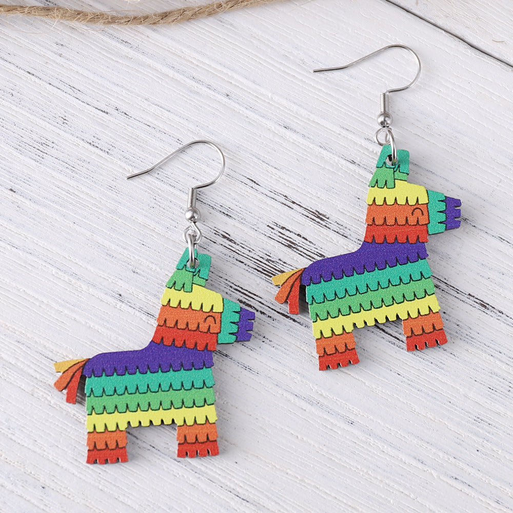 Wholesale cute color donkey beast cactus wooden double-sided earrings