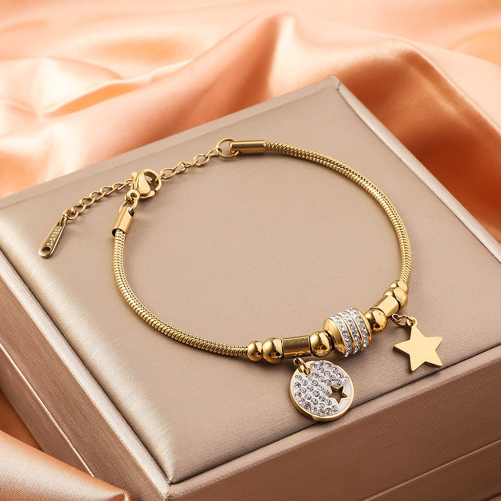 Wholesale Stainless Steel Double Layer 18K Gold Five Leaf Clover Bracelet ACC-BT-RuiX007