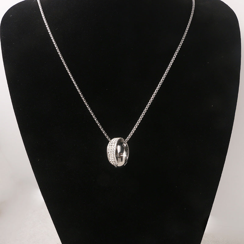 Wholesale Fashion Stainless Steel Double Ring Full Diamond Necklace