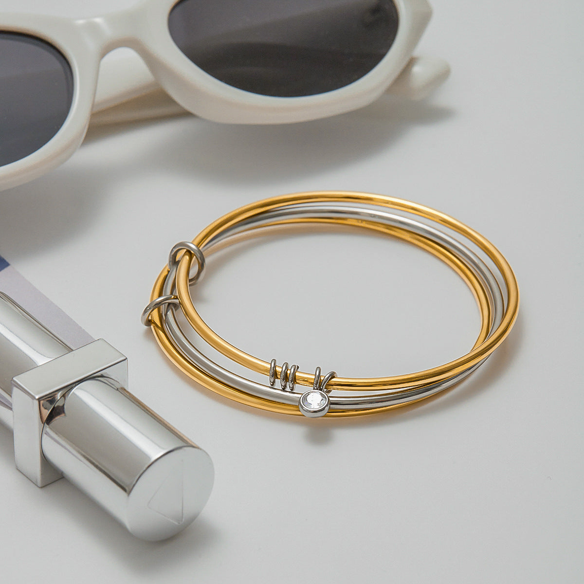 Wholesale 18K gold  stainless steel zircon gold and silver color matching large bracelet