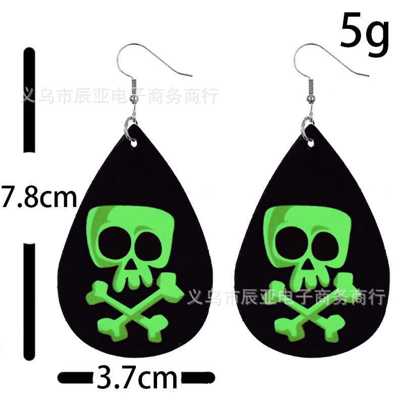 Wholesale Halloween Pumpkin Skull Fluorescent Green Luminous Leather Earrings ACC-ES-ChenY039