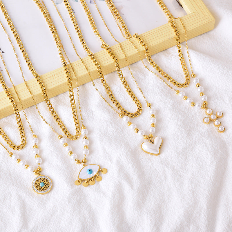 Wholesale Titanium steel color protection double-layer Pearl Heart cross necklace