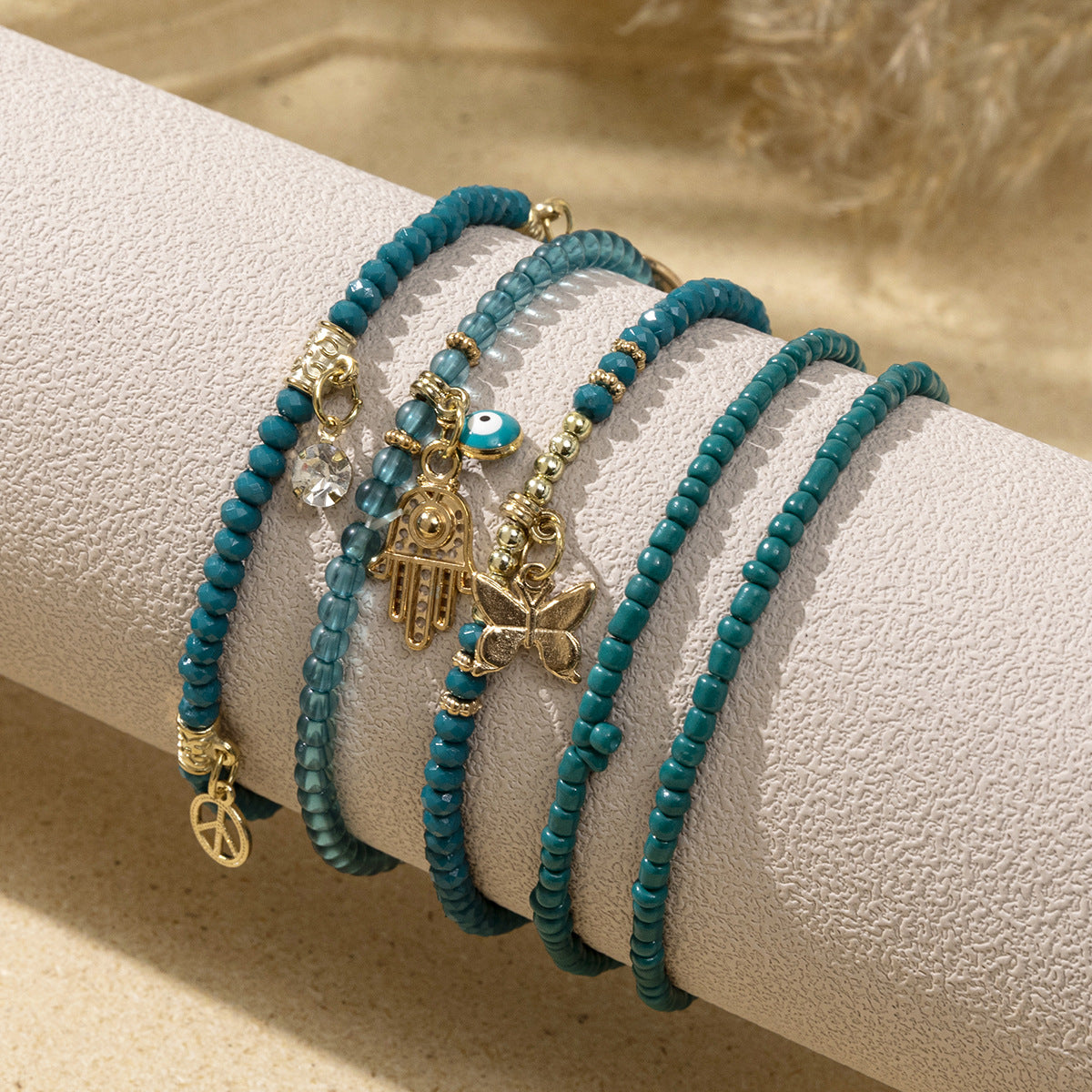 Wholesale Bohemian Multi-Layered Stacked Seed Bead Evil Eye  Bracelet