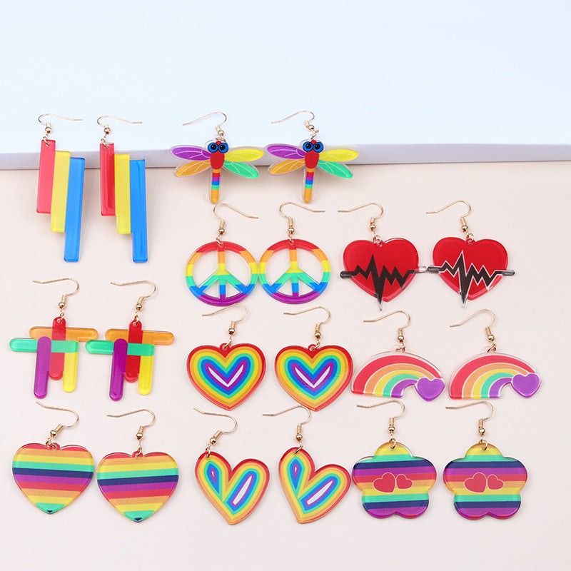 Wholesale Rainbow LGBT Pride Month Heart Shape Rainbow Dragonfly Acrylic Earrings ACC-ES-DA014