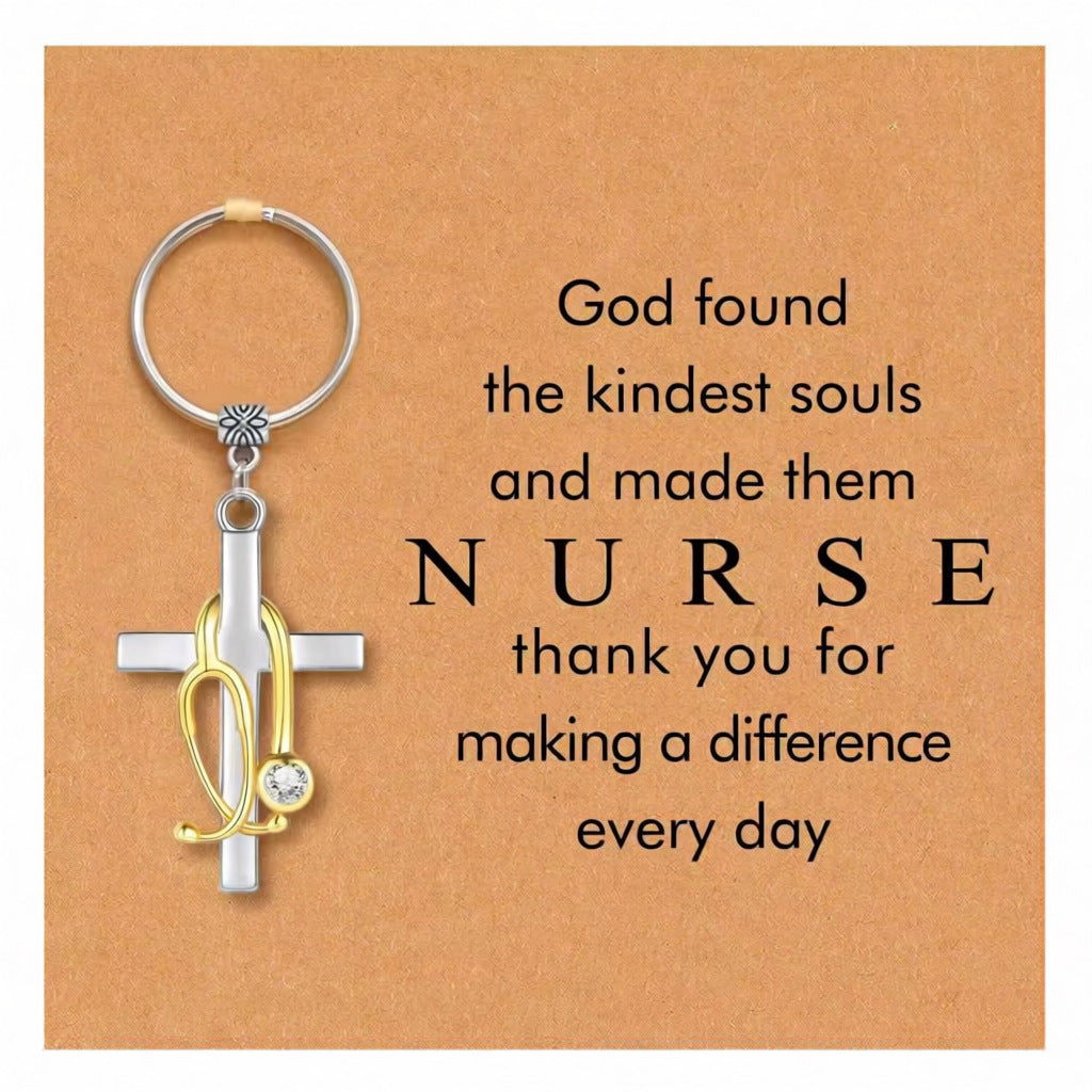 Wholesale Metal Nurse Medical Keychain Pink Stethoscope Cross Design Gift Bag Charm Decorative Accessory