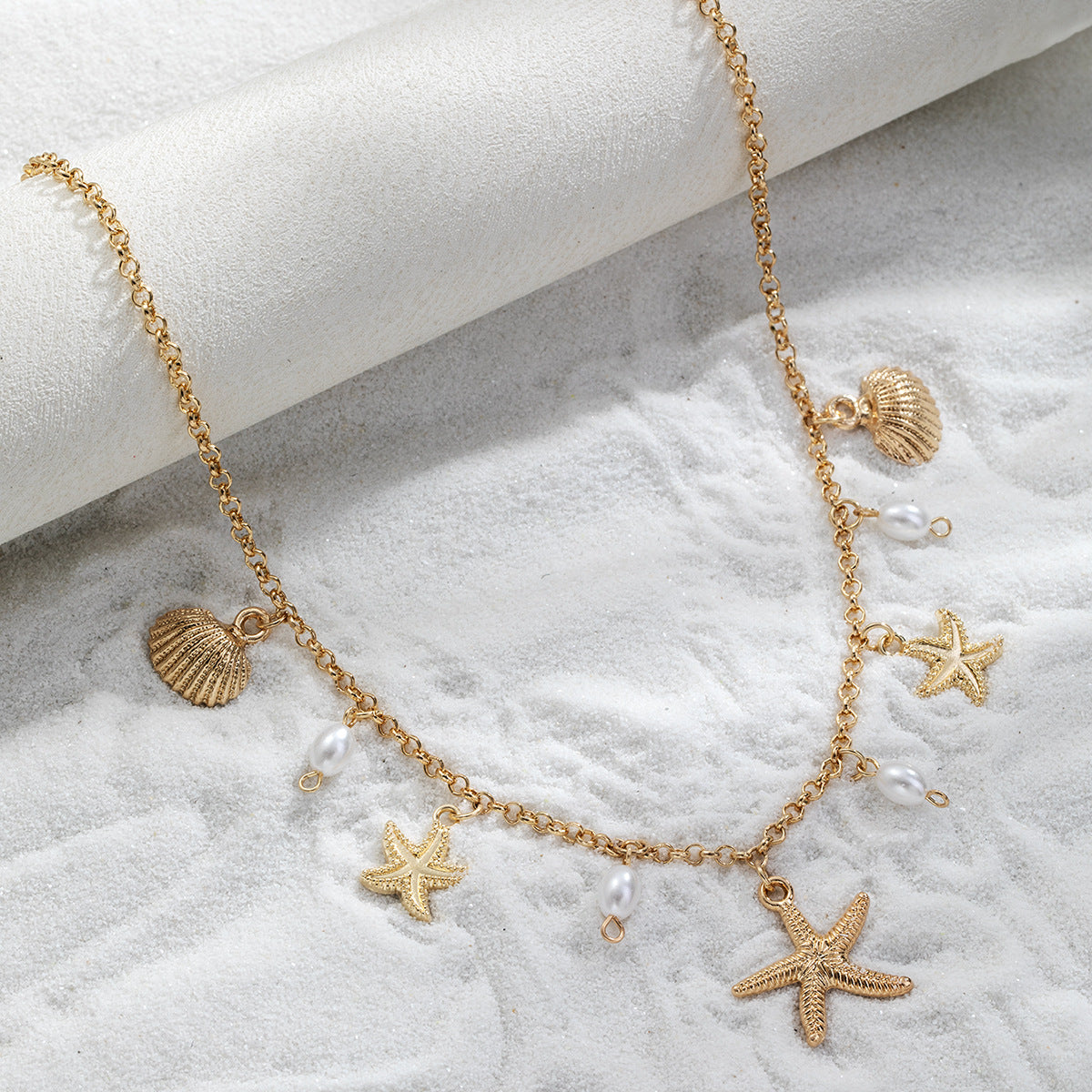 Wholesale Bohemian Pearl Alloy Starfish Alloy Scallop Pendant Alloy Women's Necklace