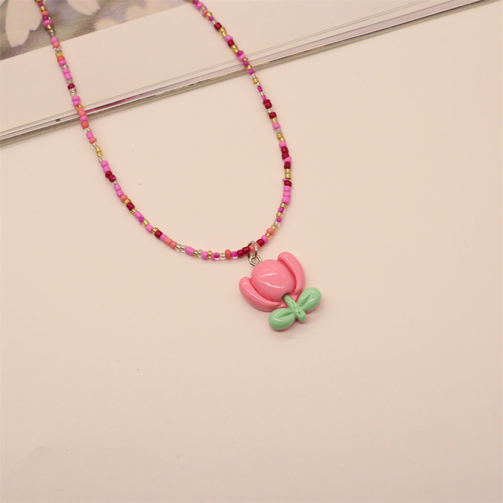 Wholesale 5pcs Colorful Beaded Tulip Sunflower Flower Necklace