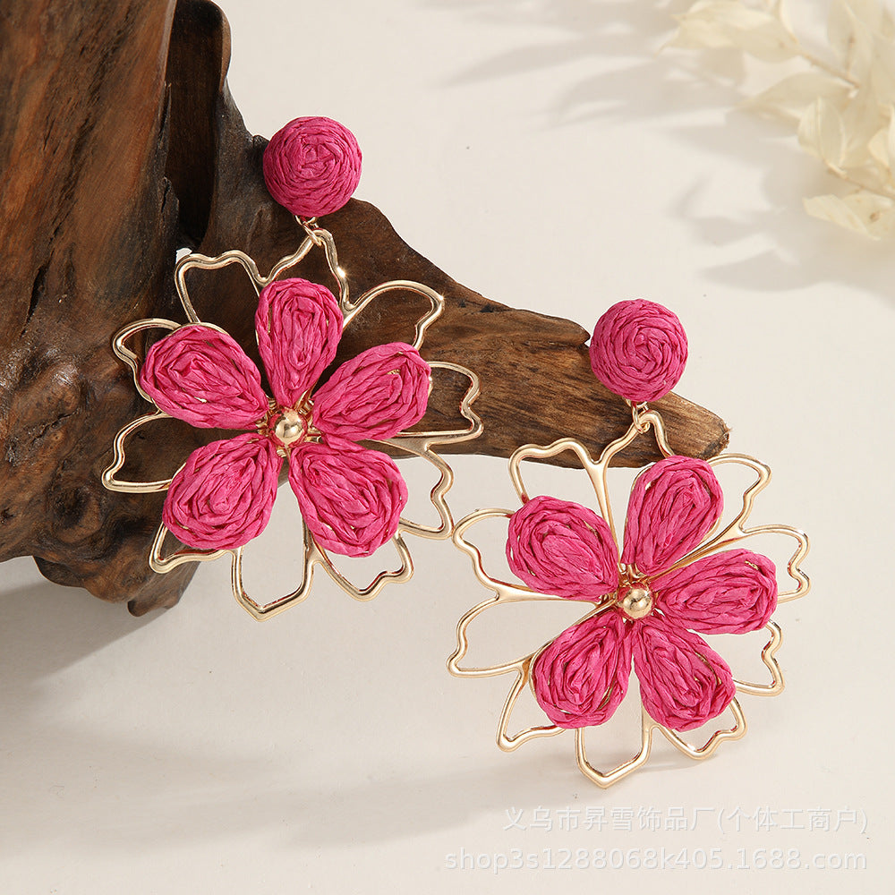 Wholesale Raffia woven summer flower earrings