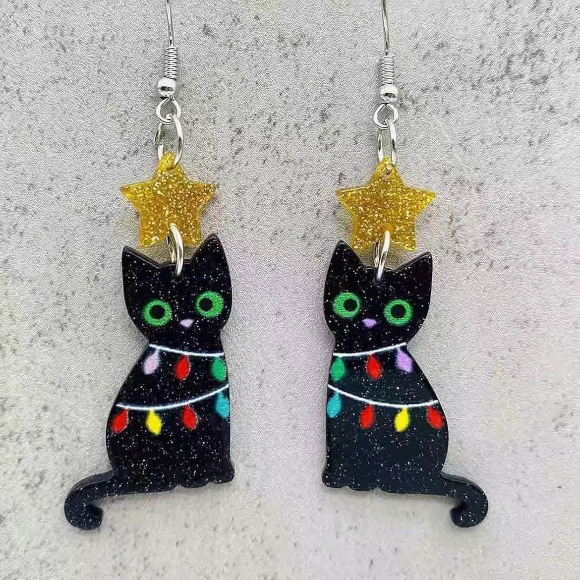 Wholesale Christmas Tree Lights Black Cat Acrylic Earrings ACC-ES-AnDao023
