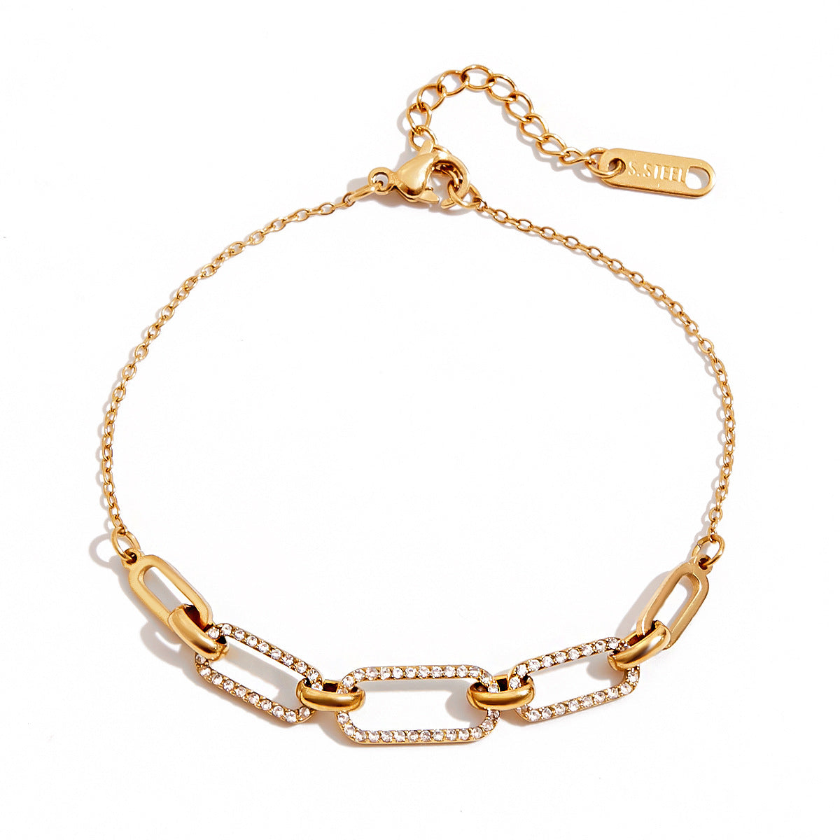 Wholesale 18K Gold Stainless Steel Oval Tennis Chain Bracelet with White Diamonds