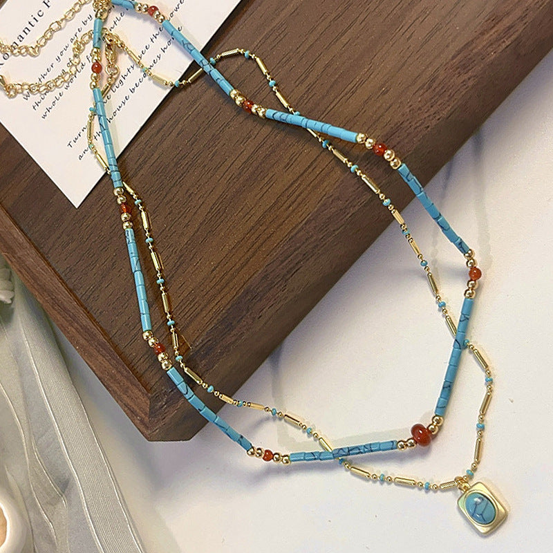 Wholesale Azure Turquoise Stacked Bead Necklace - Chic Layering Jewelry,  Boutique Resale Accessory