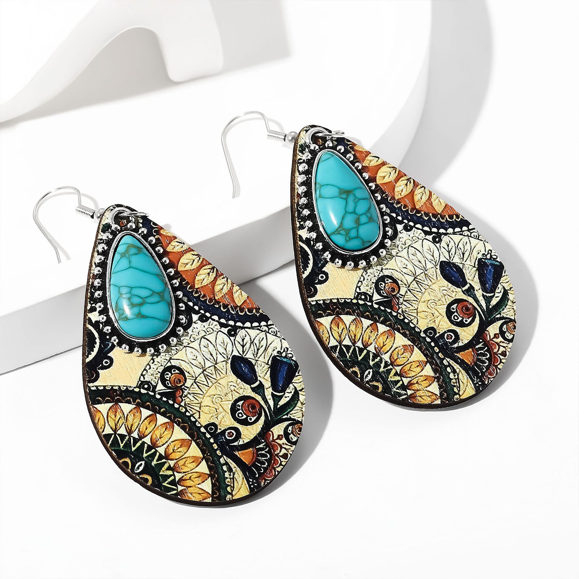 Wholesale  Retro Drop-Shaped Wooden Earrings Turquoise Earrings