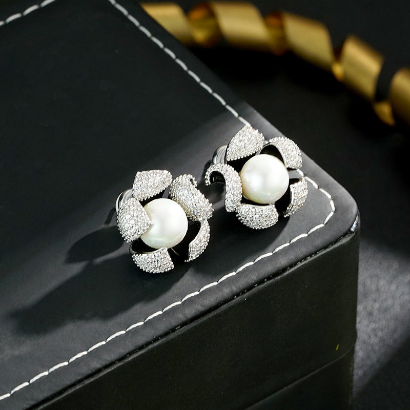 Wholesale  Light Luxury  Micro-inlaid Zirconium Pearl Flower Earrings