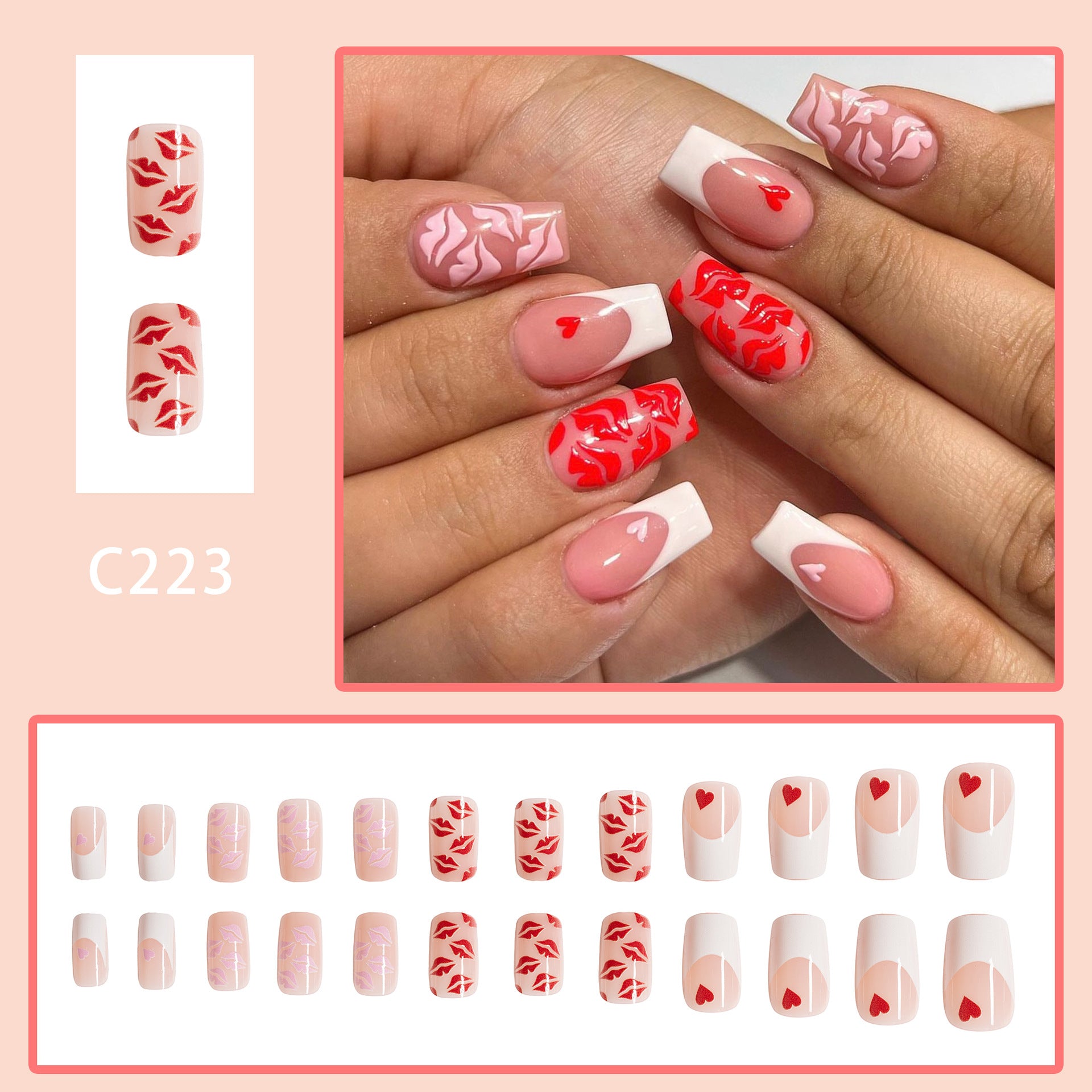Wholesale 24 Pieces/box Valentine's Day Short Glossy Pink Lip Manicure Press-on Nails Kits Nail Stickers ACC-NS-GuaiXL064