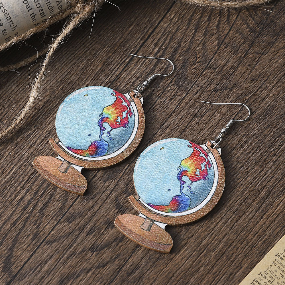 Wholesale School Season Graduation Season Globe Pendant Wooden Double-sided Earrings
