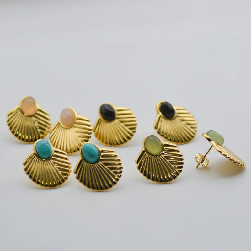 Wholesale Natural Stone Earrings 18K Gold Stainless Steel Bohemian Fan-shaped Turquoise Earrings
