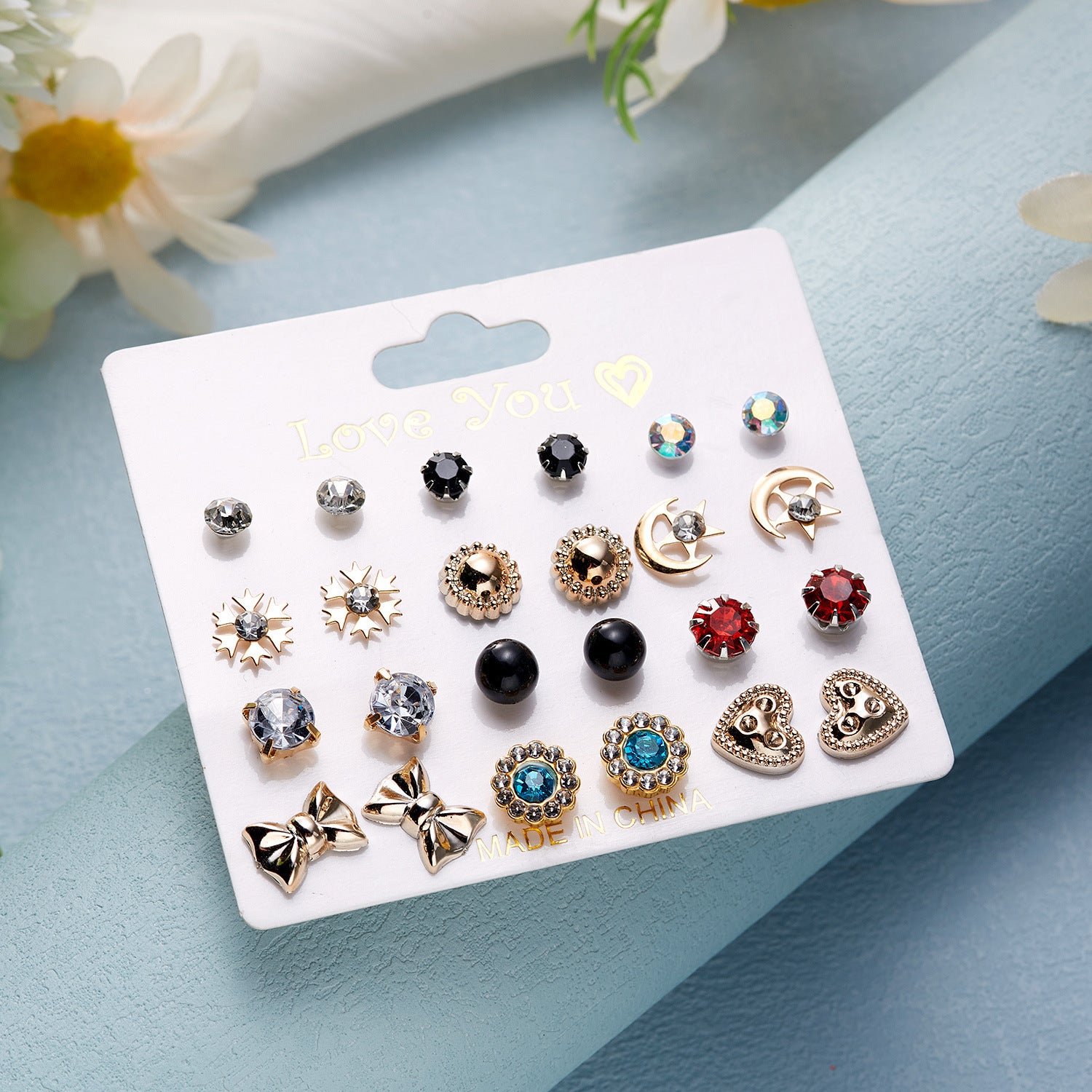 Wholesale month combination earrings 12 pairs of flowers love stars and moon diamond  earrings suit