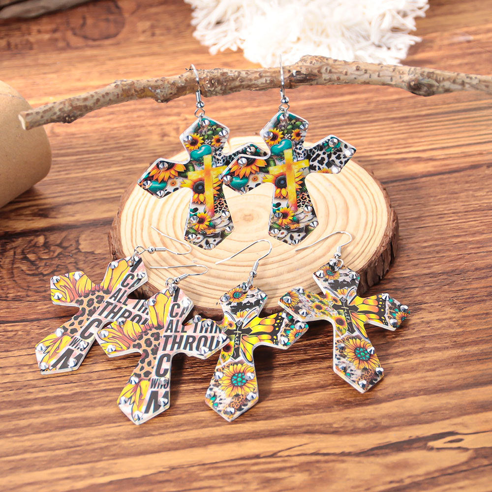 Wholesale Western style colorful rhinestone cross earrings
