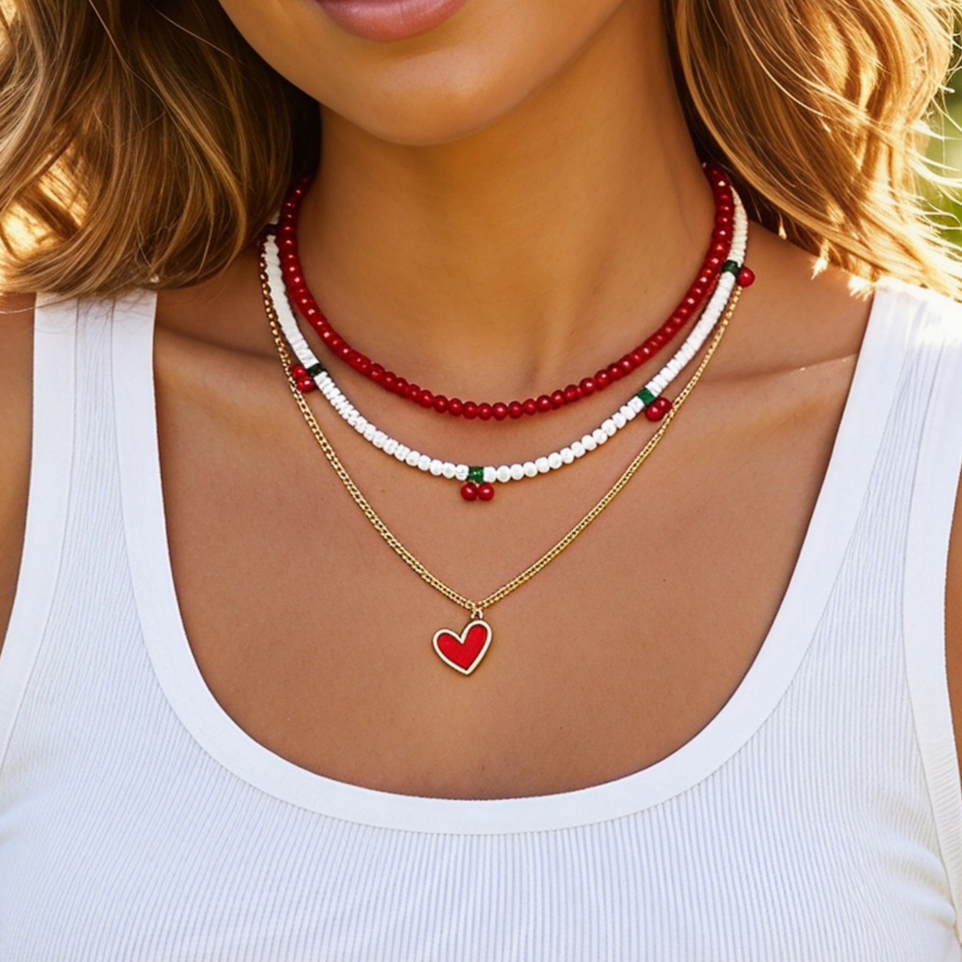 Wholesale Sweet Cool Multi Layer Beaded Red Heart Pendant Necklace Fashion Jewelry Accessory For Gift And Boutique Resale