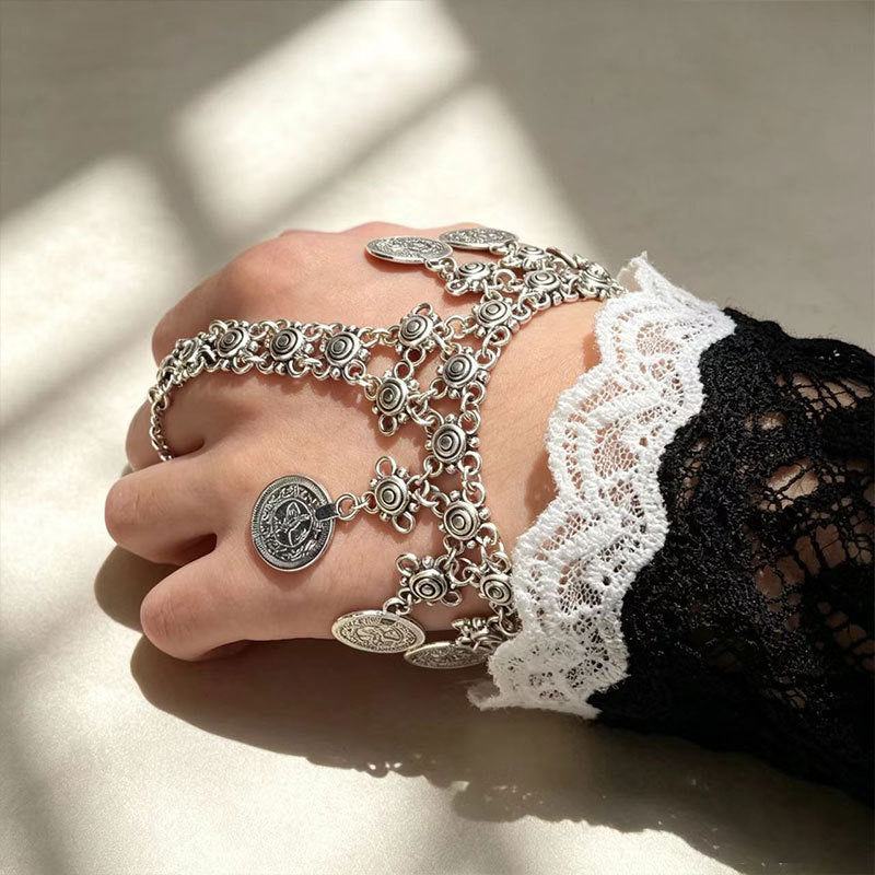 Wholesale Retro Ethnic Style Coin Tassel Finger Bracelet Women Alloy Gold Hand Chain Jewelry Accessory for Gift Boutique Resale