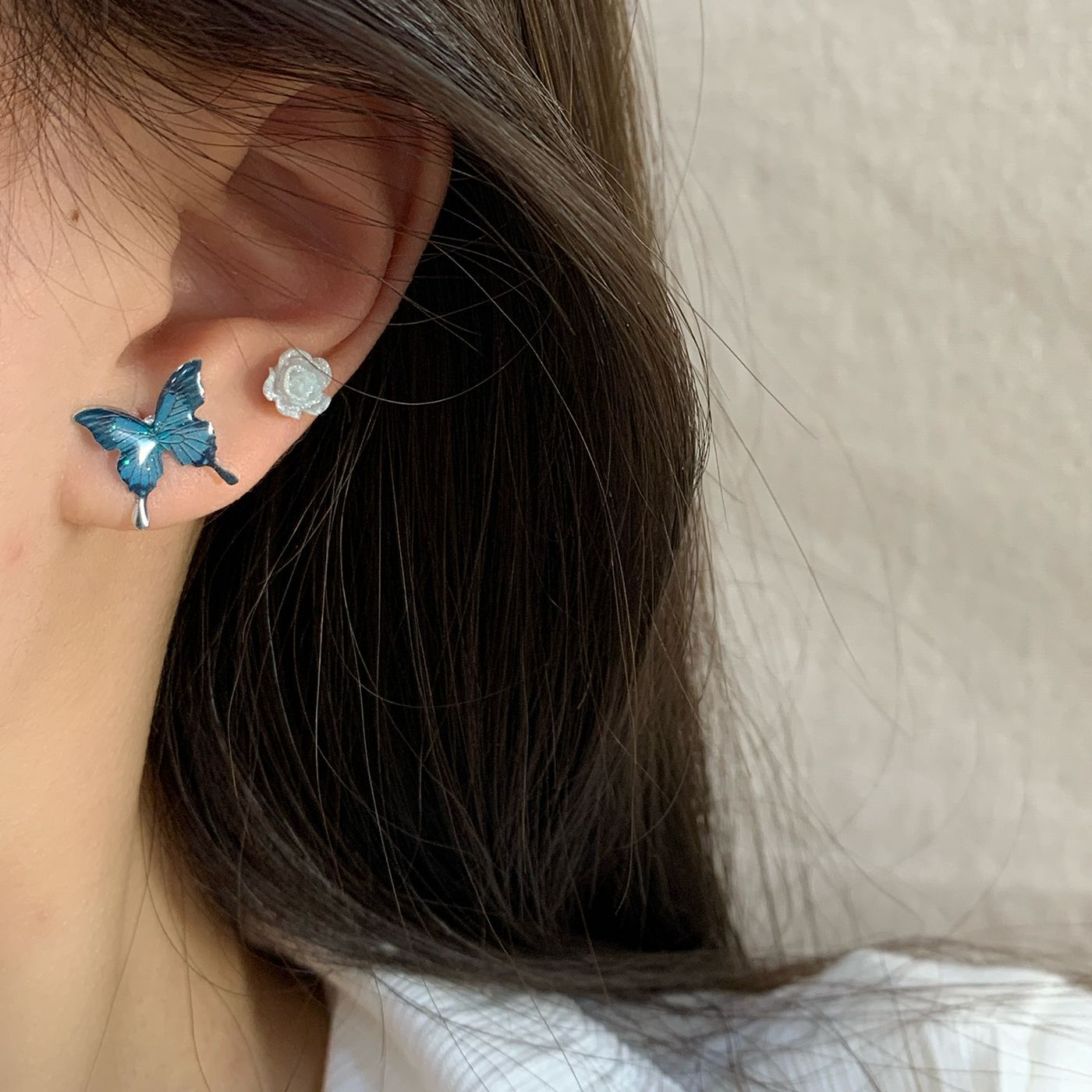 Wholesale Autumn Colorful Butterfly Flower Pearl Earring Set Silver Needle Small Sweet Earrings