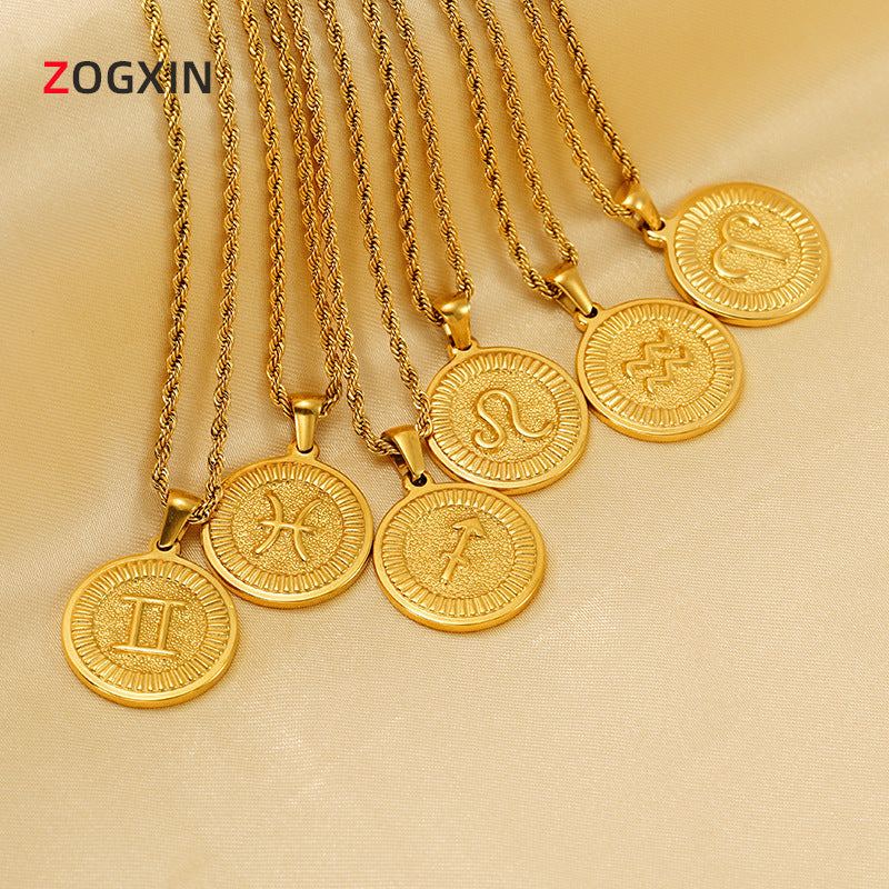 Wholesale Stainless Steel  Retro Round Brand Constellation Pendant Necklaces