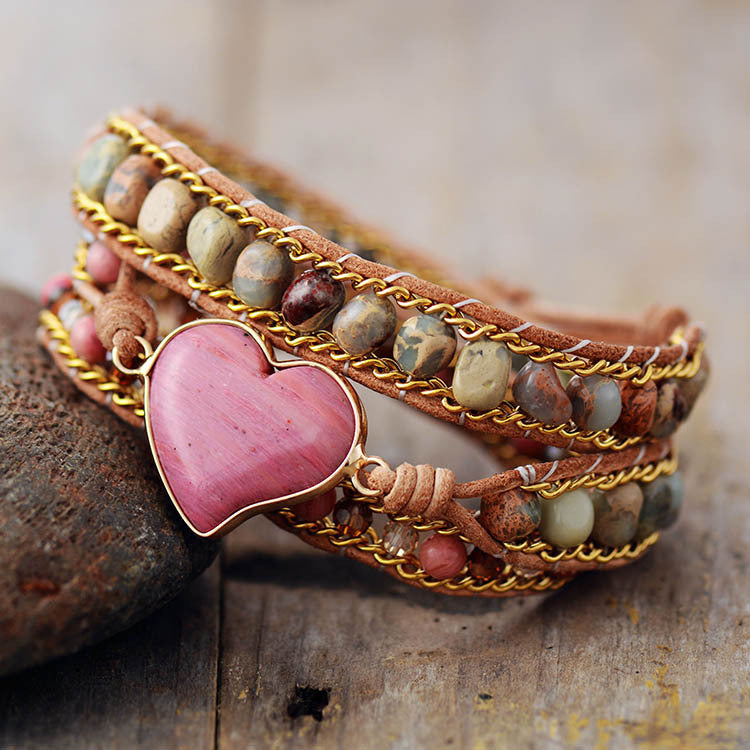 Wholesale Natural Stone Red Grain Heart Shape Hand-woven Three-layer Leather Wrap Bracelets ACC-BT-LZ009
