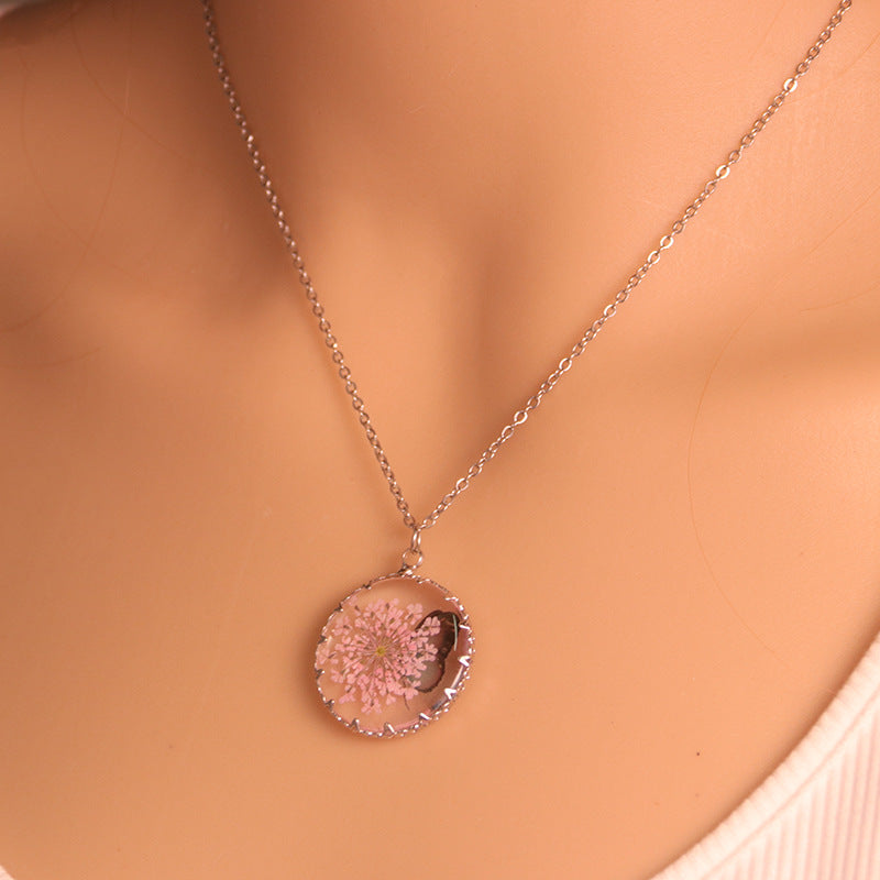 Wholesale Butterfly  Gold and Silver Dried Flower Glass Pendant Necklaces