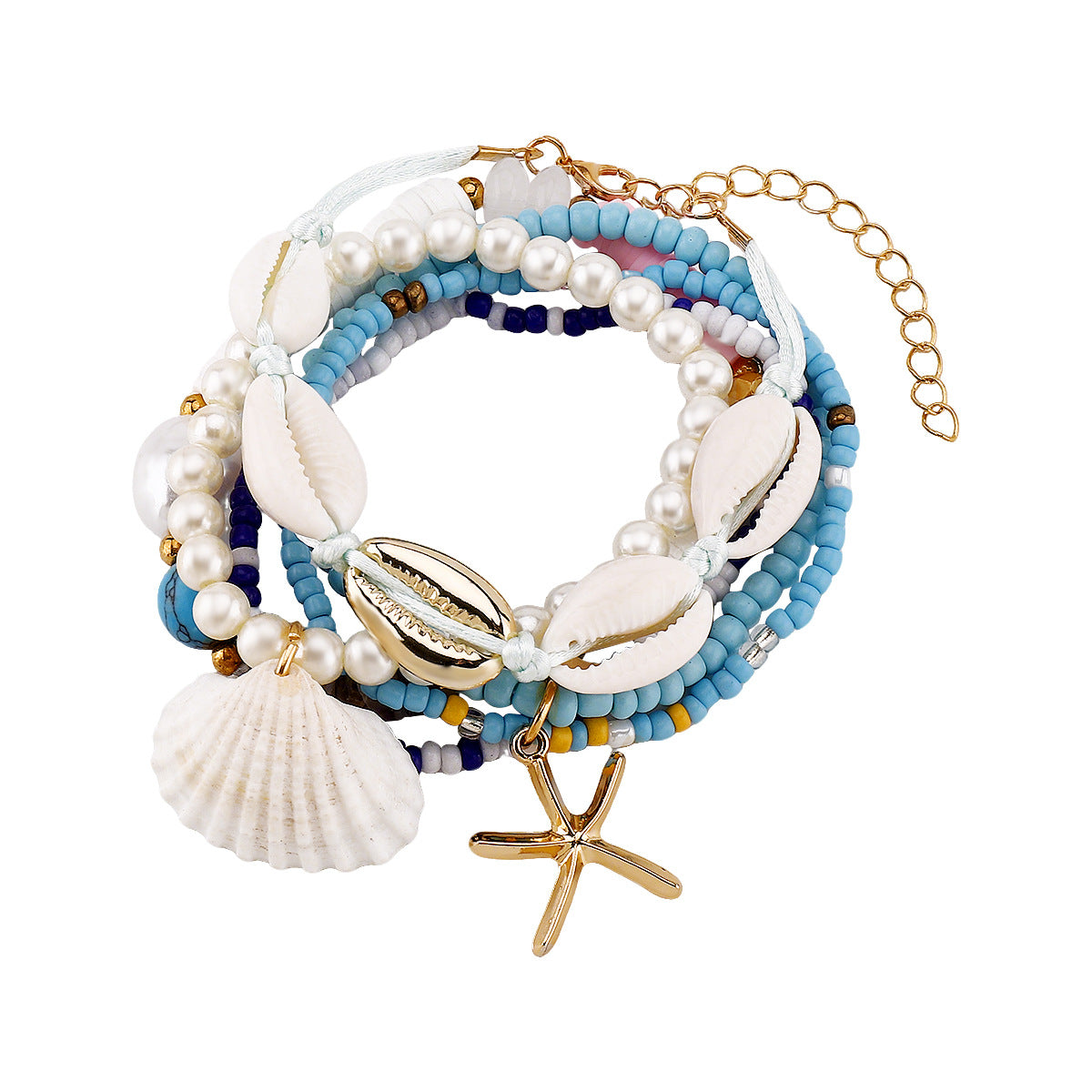 Wholesale Bohemian Ocean Style Shell Starfish Pendant Pearl Rice Beads Handmade Beaded Bracelet suit