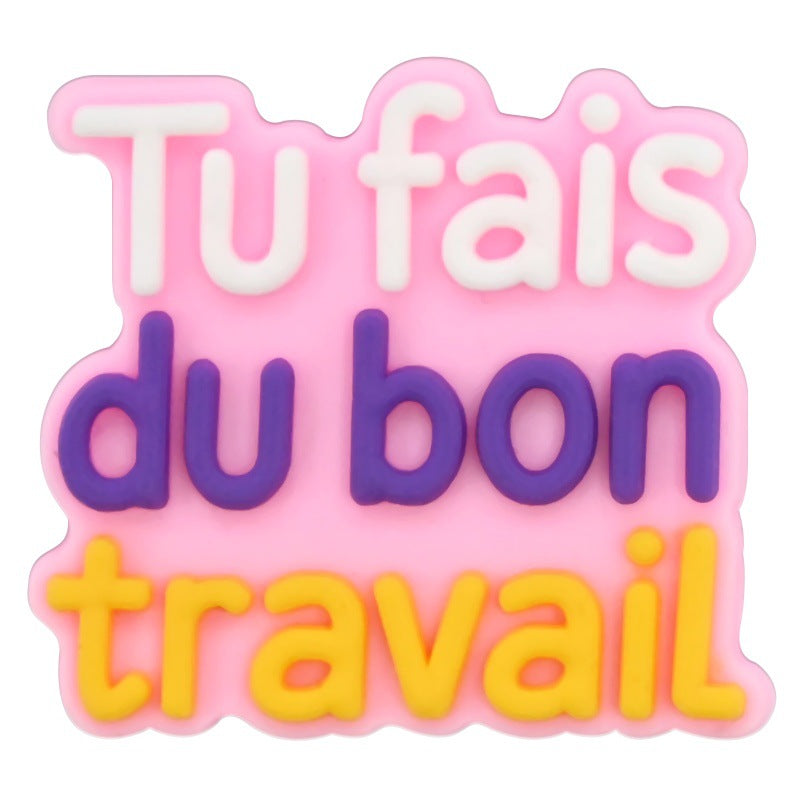 Serie di frasi francesi casuali all'ingrosso da 100 pezzi di cartoni animati di zoccoli Decorazione con fibbia per scarpe in gomma morbida in PVC