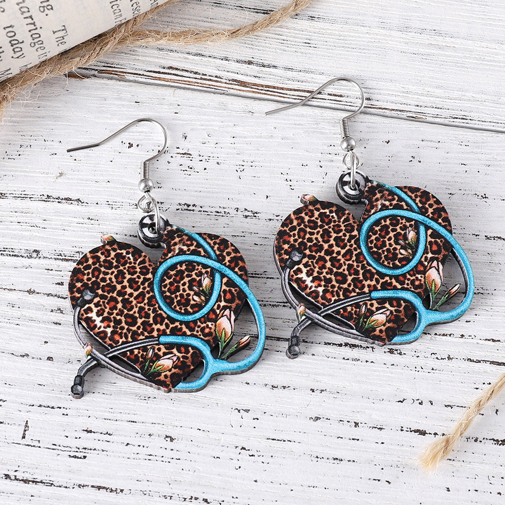 Wholesale Nurses'  Day Wooden Double-Sided Earrings  Western-Style Stethoscope &  Leopard-Print Heart Pendant Earrings