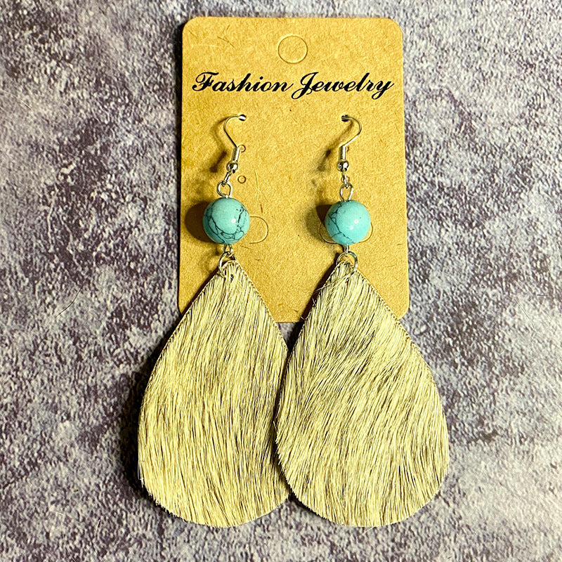 Wholesale Vintage Leather Earrings Western Style Long Teardrop Turquoise Stitching Earrings ACC-ES-XinChuan037