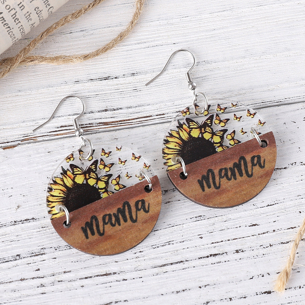 Wholesale Mother's Day MAMA Sunflower Butterfly Stitching Pendant Earrings
